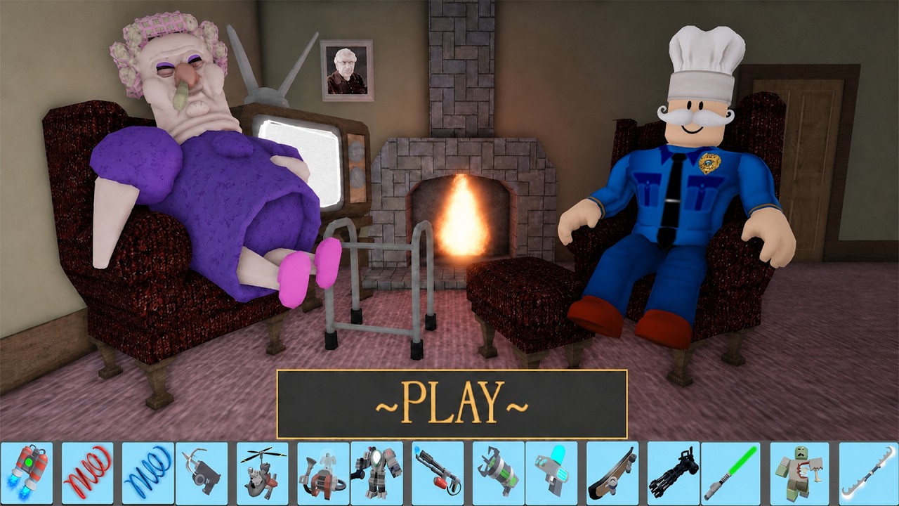 GRUMPY GRAN! (SCARY OBBY) All items Unlocked & All Jumpscare: Playing as Police Papa Pizza Hard Mode