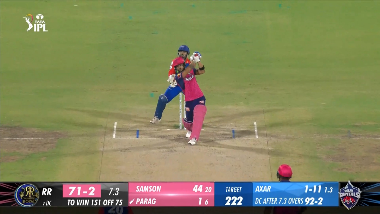 M56: DC vs RR – Riyan Parag Six background