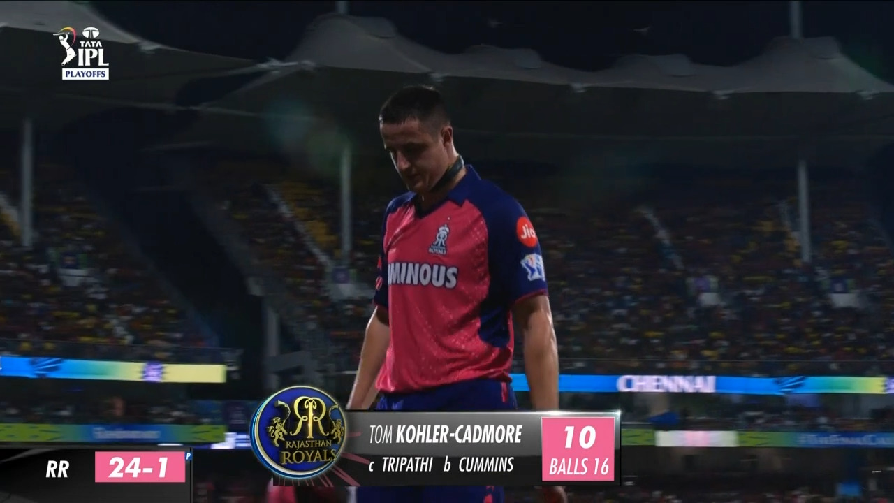 Q2: SRH vs RR – Tom Kohler-Cadmore Wicket