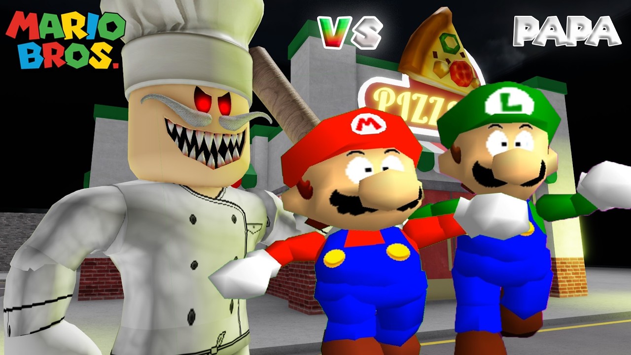 Super Mario and Luigi in Papa Pizza's Pizzeria! New Animation! #roblox Scary Obby 4k!
