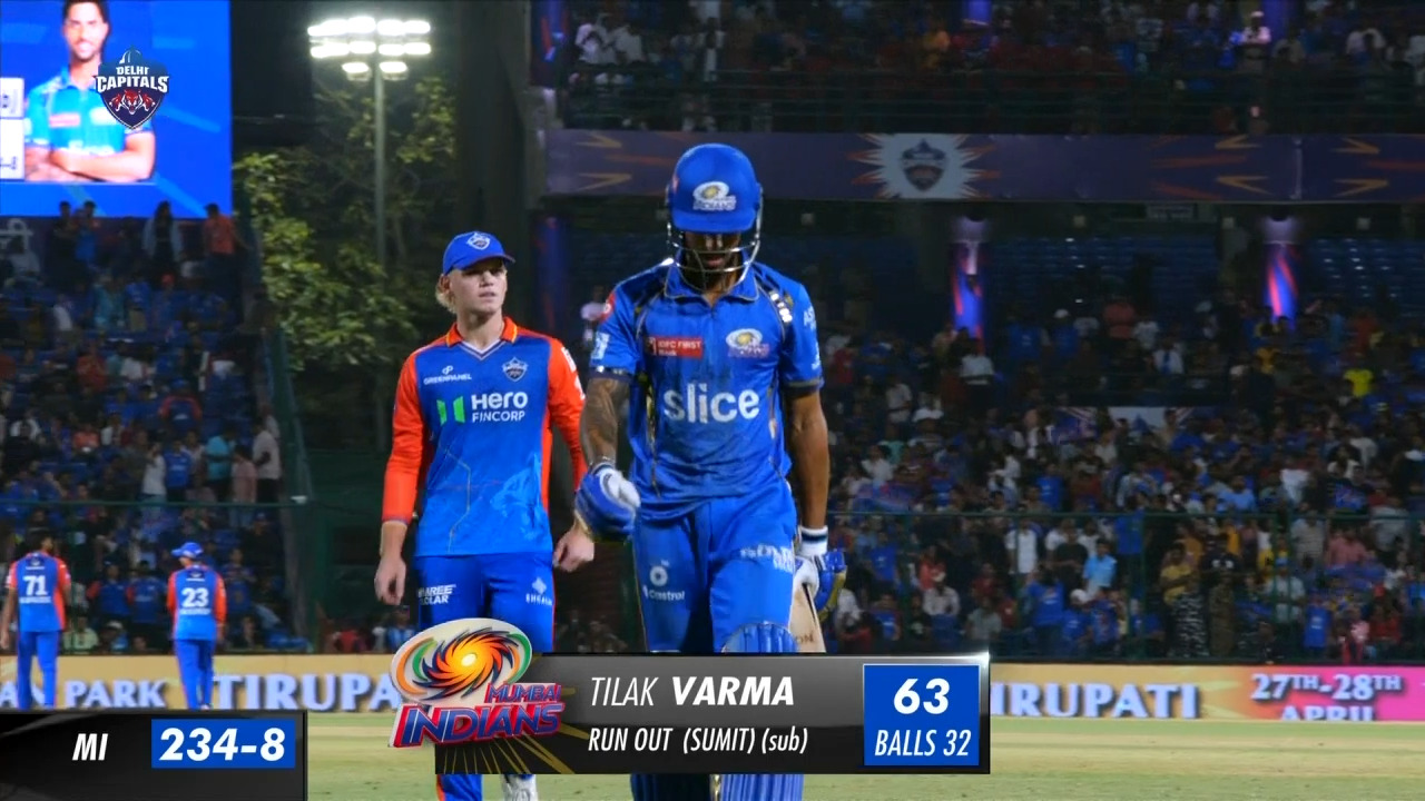 M43: DC vs MI – Tilak Varma Wicket