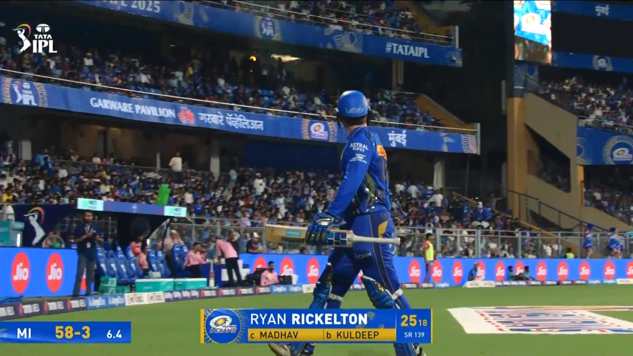 IPL 2025 M63: MI vs DC - Ryan Rickelton Wicket background