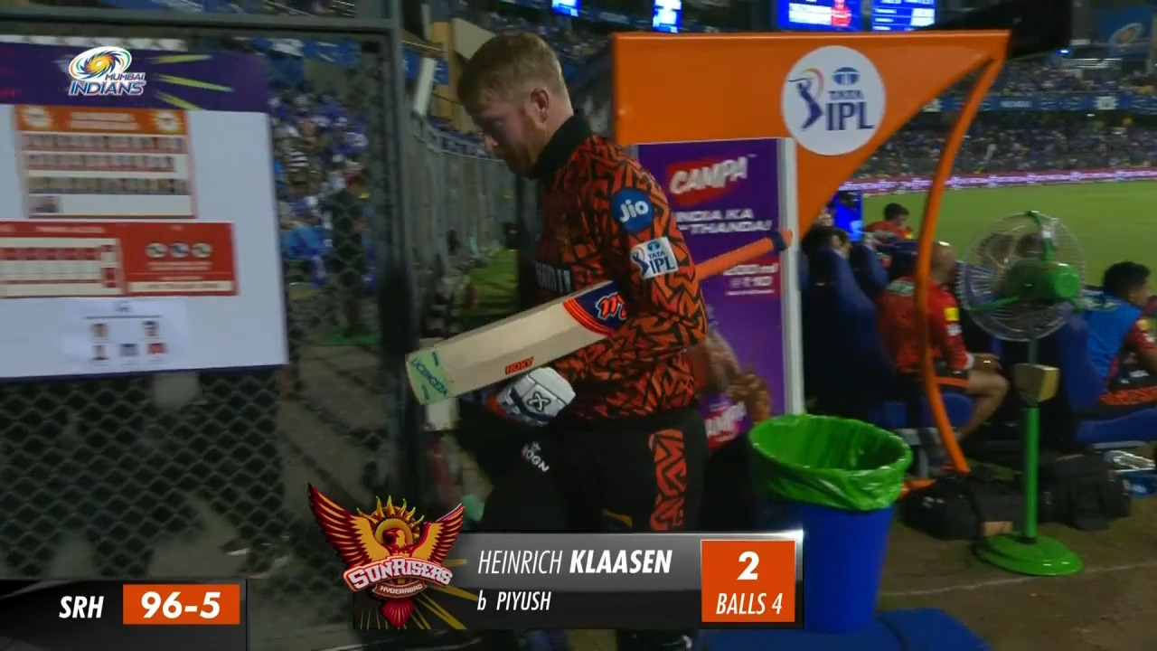 M55: MI vs SRH – Heinrich Klaasen Wicket