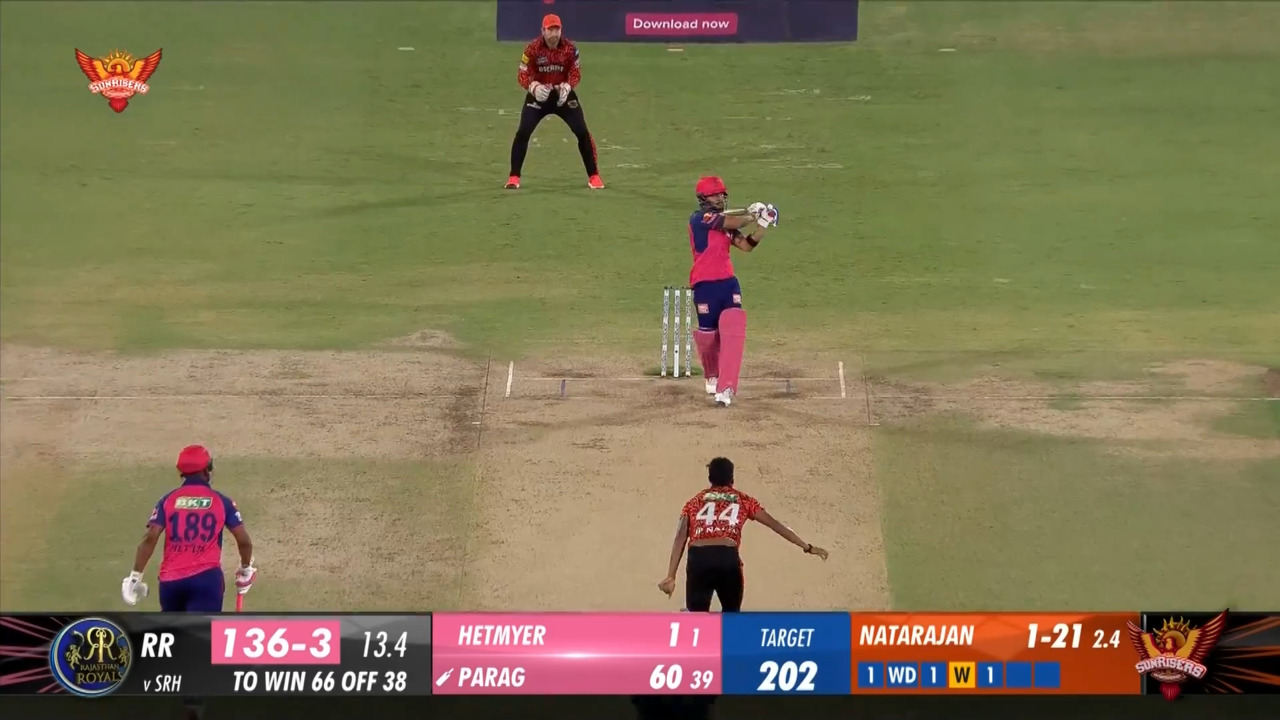 M50: SRH vs RR – Riyan Parag Six background
