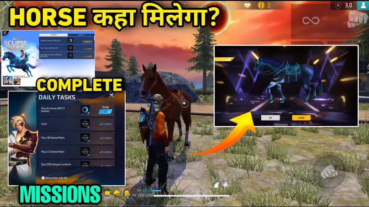 Horse🔥 Free Huddie Missions | How To Complete Use| New Event Eclipse Rise Free Fire FF max New event