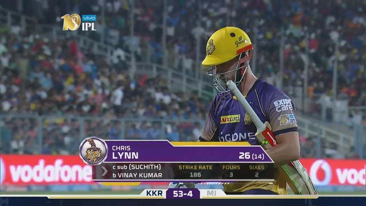 M54: KKR vs MI – Chris Lynn Wicket