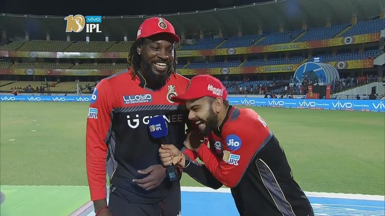 M20: GL vs RCB – Chris Gayle & Virat Kohli Interview background