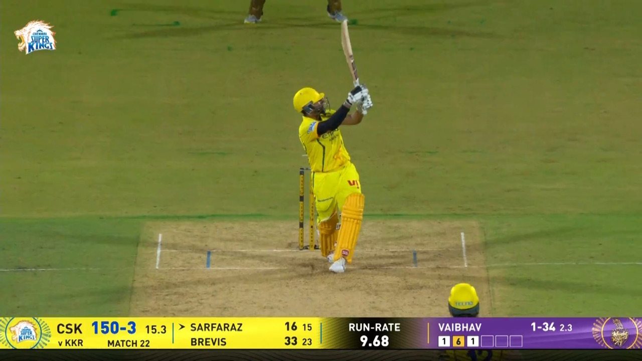 IPL 2026 M22: CSK vs KKR - Sarfaraz Khan Six