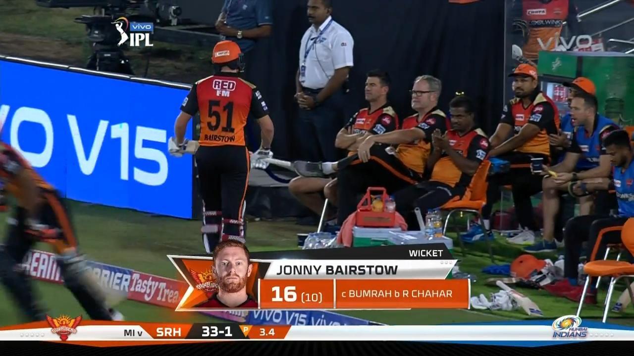 M19: SRH vs MI – Jonny Bairstow Wicket background