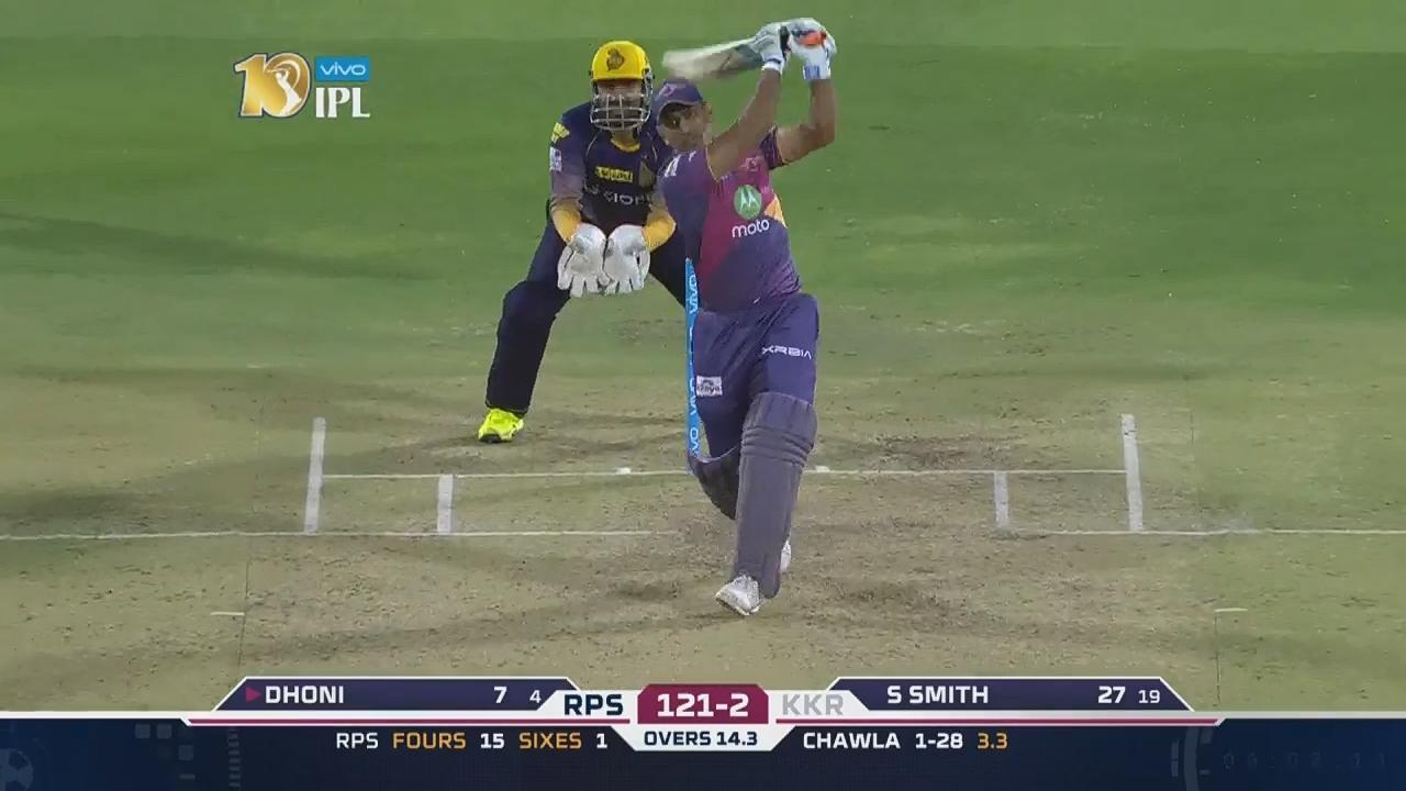 M30: RPS vs KKR – MS Dhoni Six background