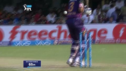 M35: RCB vs RPS – Ajinkya Rahane Six background