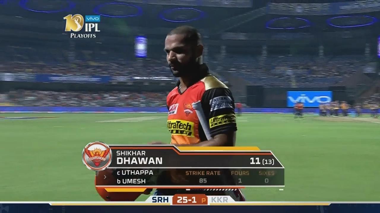 Eliminator: SRH vs KKR – Shikhar Dhawan Wicket