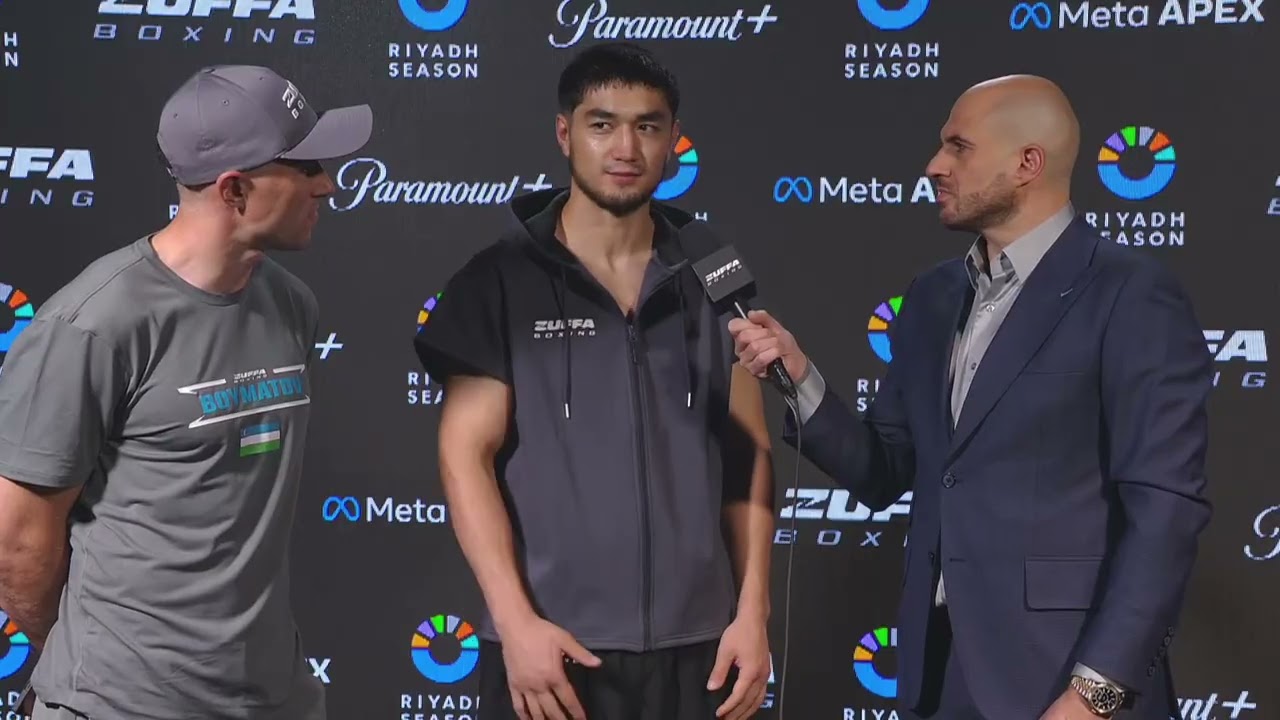 Tullo Boymatov reacts to his TKO win over Caleb Hall in his first pro fight: Zuffa Boxing 06