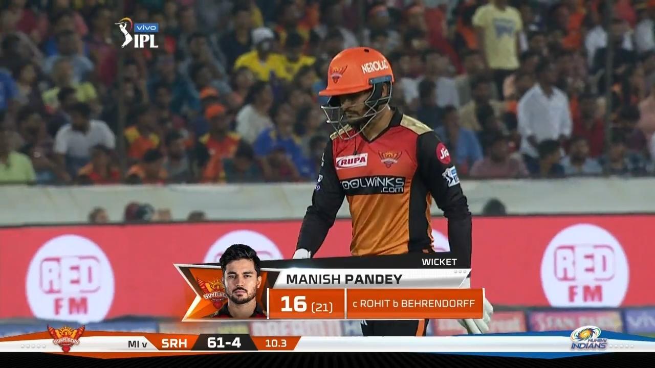 M19: SRH vs MI – Manish Pandey Wicket