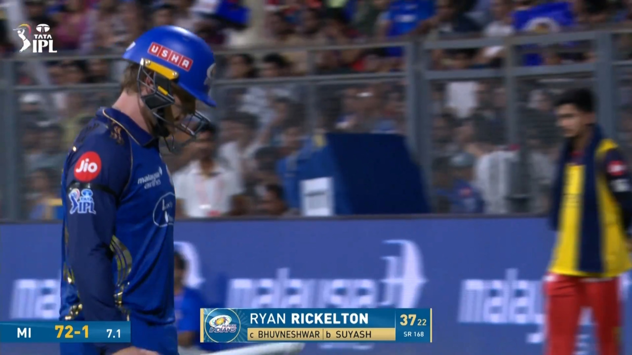 IPL 2026 M20: MI vs RCB - Ryan Rickelton Wicket