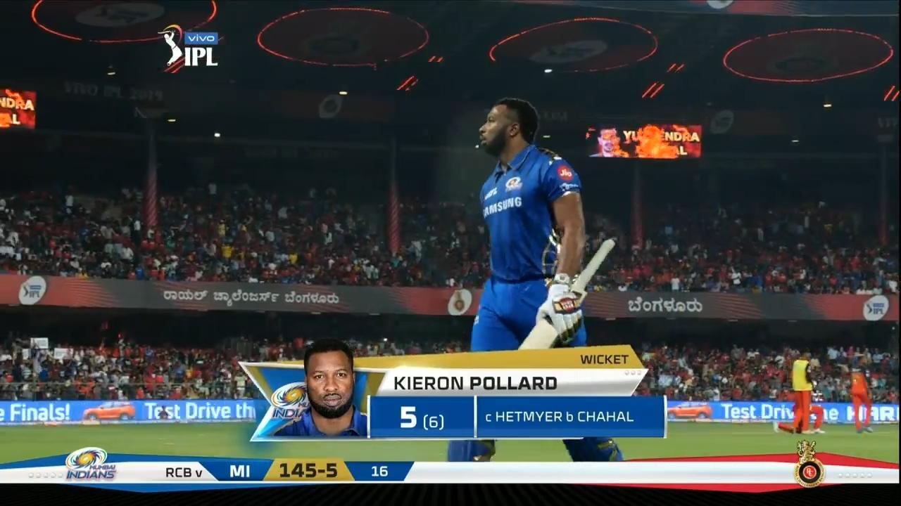 M07: RCB vs MI – Kieron Pollard Wicket