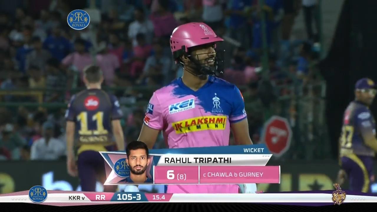 M21: RR vs KKR – Rahul Tripathi Wicket