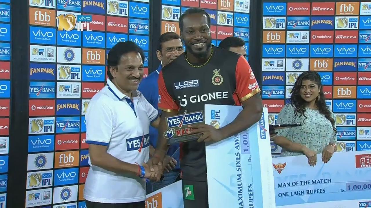 M1: SRH vs RCB – YES Bank Maximum Sixes – Chris Gayle