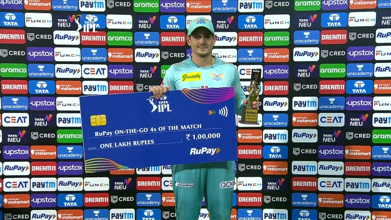 M66: KKR vs LSG – RuPay On-The-Go 4s of the Match – Quinton De Kock background