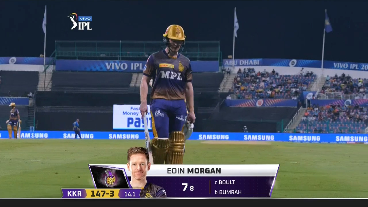 M34: MI vs KKR – Eoin Morgan Wicket background