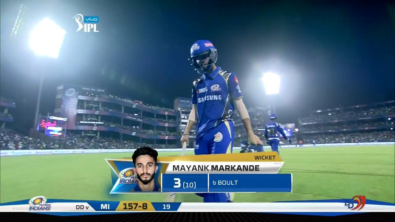 M55: DD vs MI – Mayank Markande Wicket