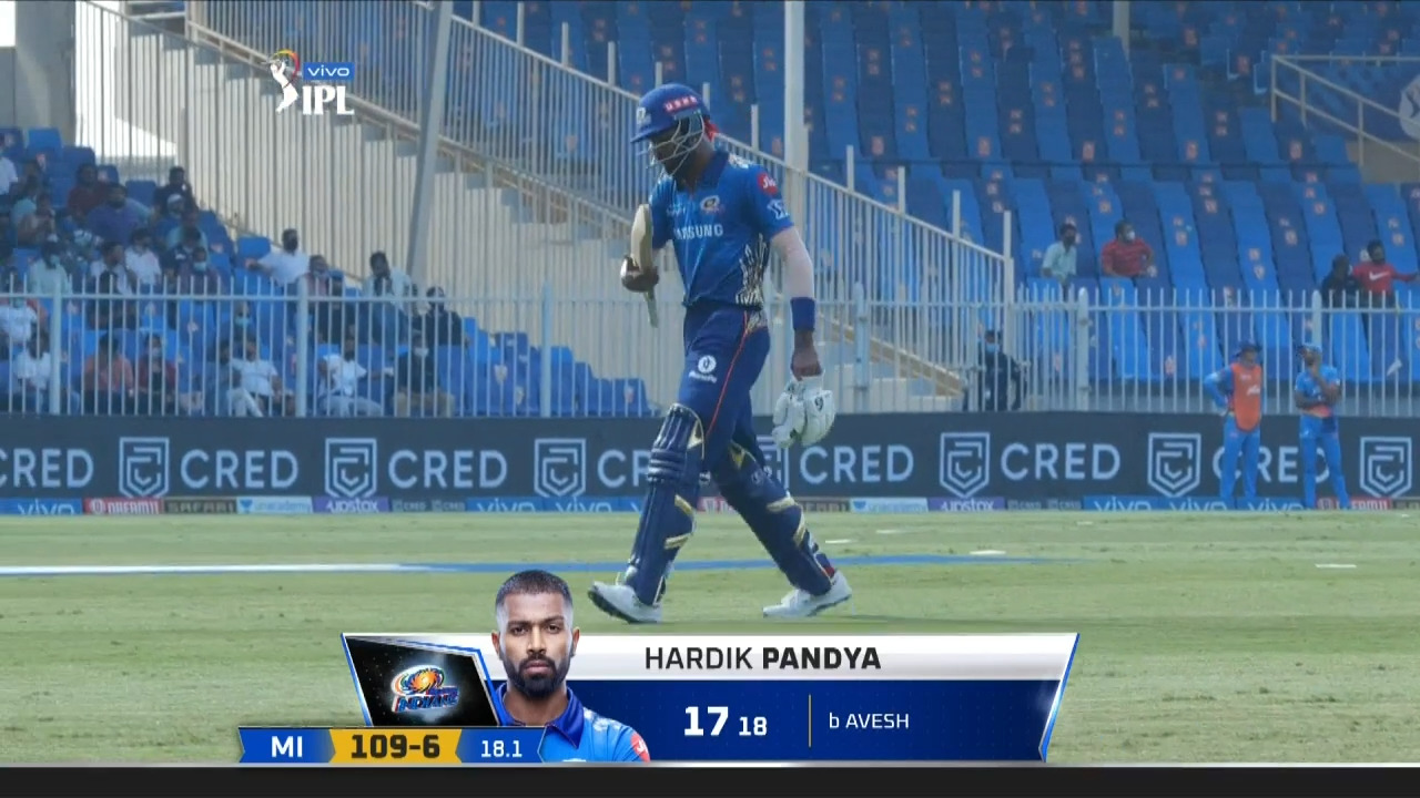 M46: MI vs DC – Hardik Pandya Wicket