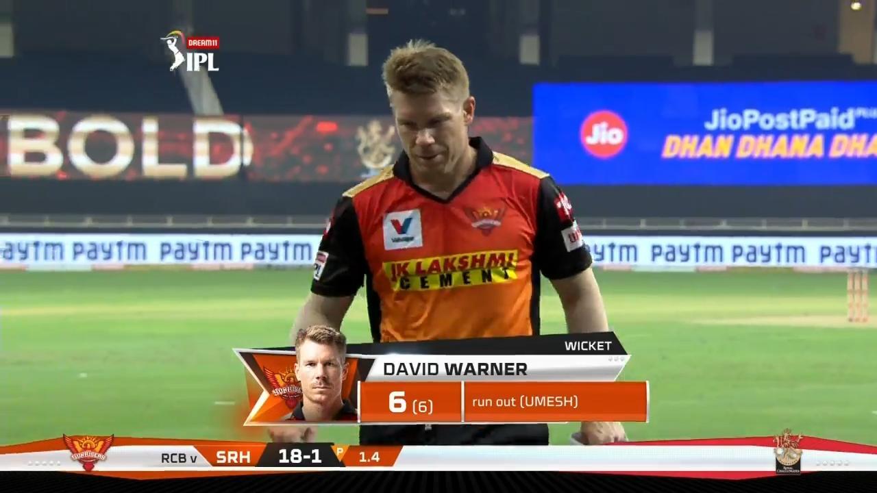 M03: SRH vs RCB – David Warner Wicket