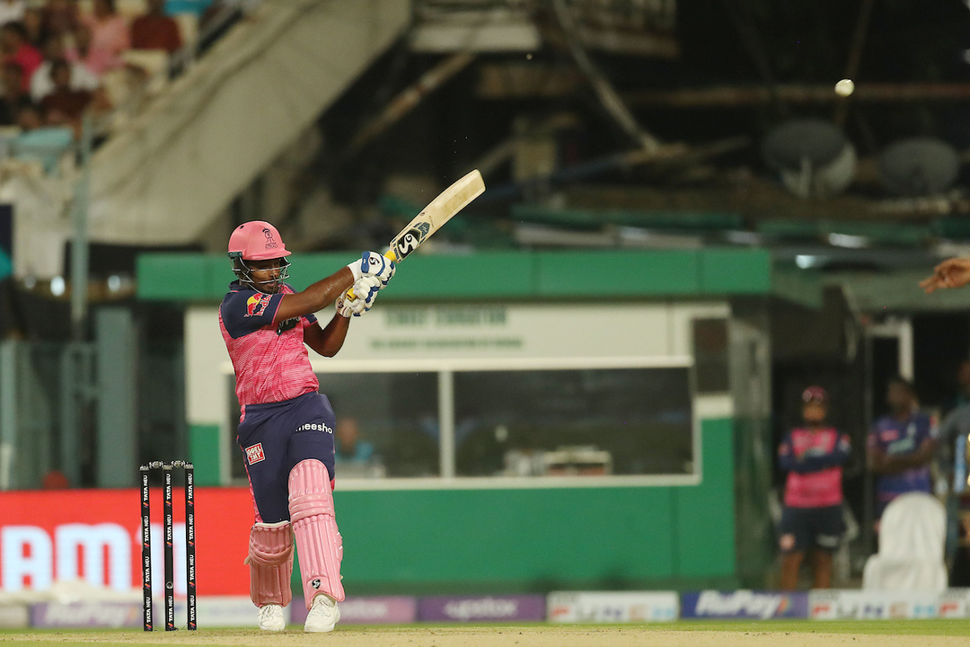 BLASTED: Sanju Samson smashes two maximums in one over background