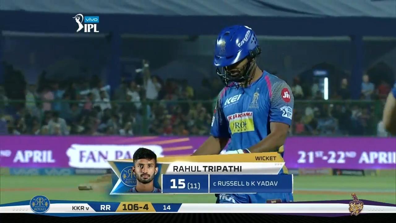M15: RR vs KKR – Rahul Tripathi Wicket