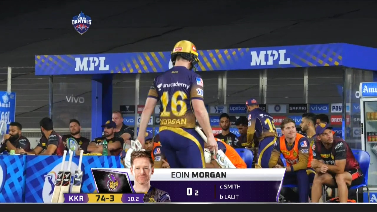 M25: DC vs KKR – Eoin Morgan Wicket