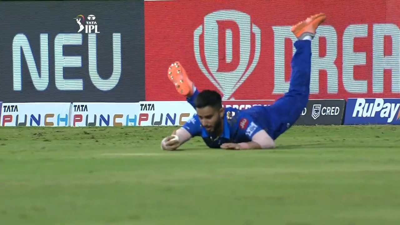 Mayank Markande’s excellent low diving catch