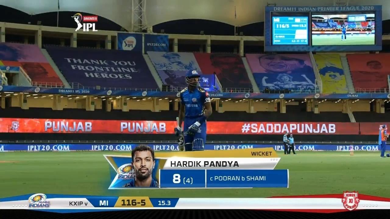 M36: MI vs KXIP – Hardik Pandya Wicket