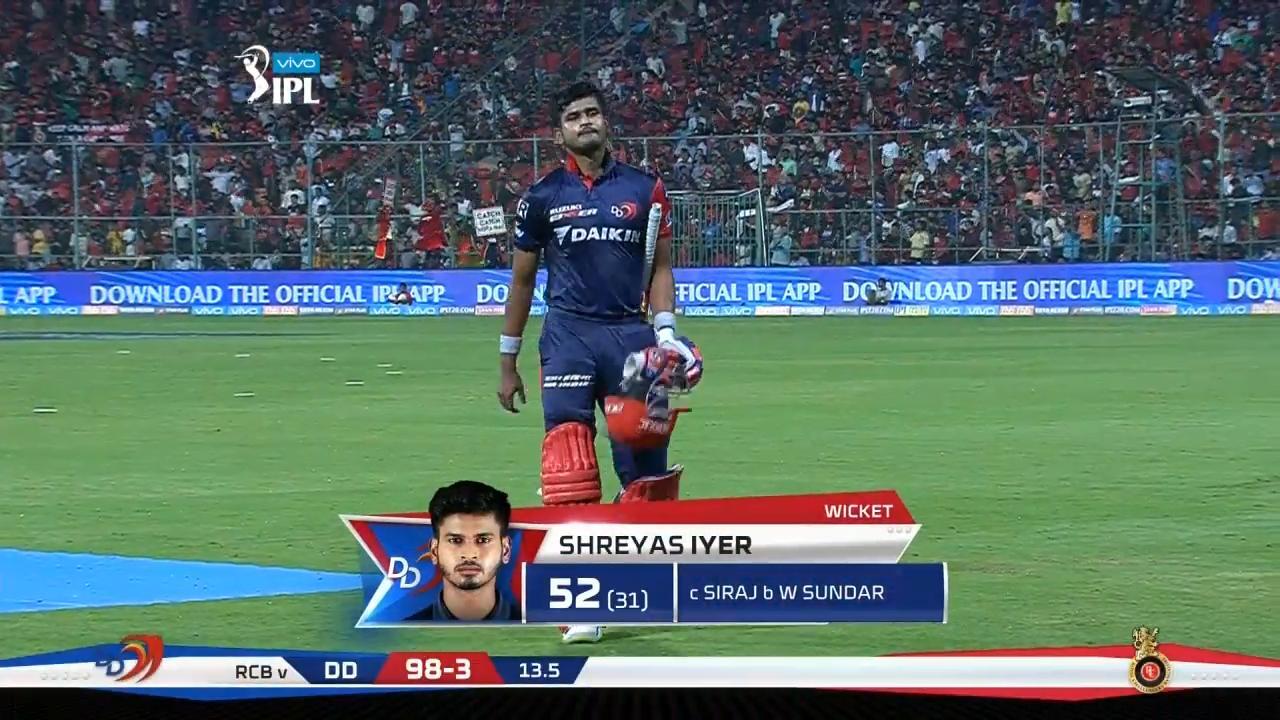 M19: RCB vs DD – Shreyas Iyer Wicket