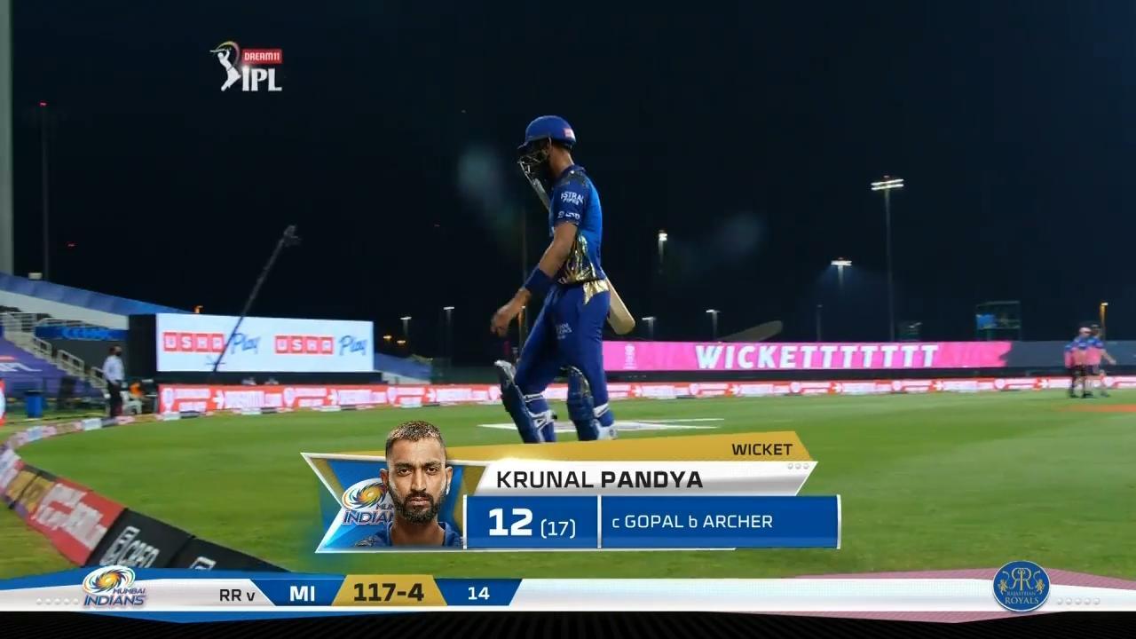 M20: MI vs RR – Krunal Pandya Wicket
