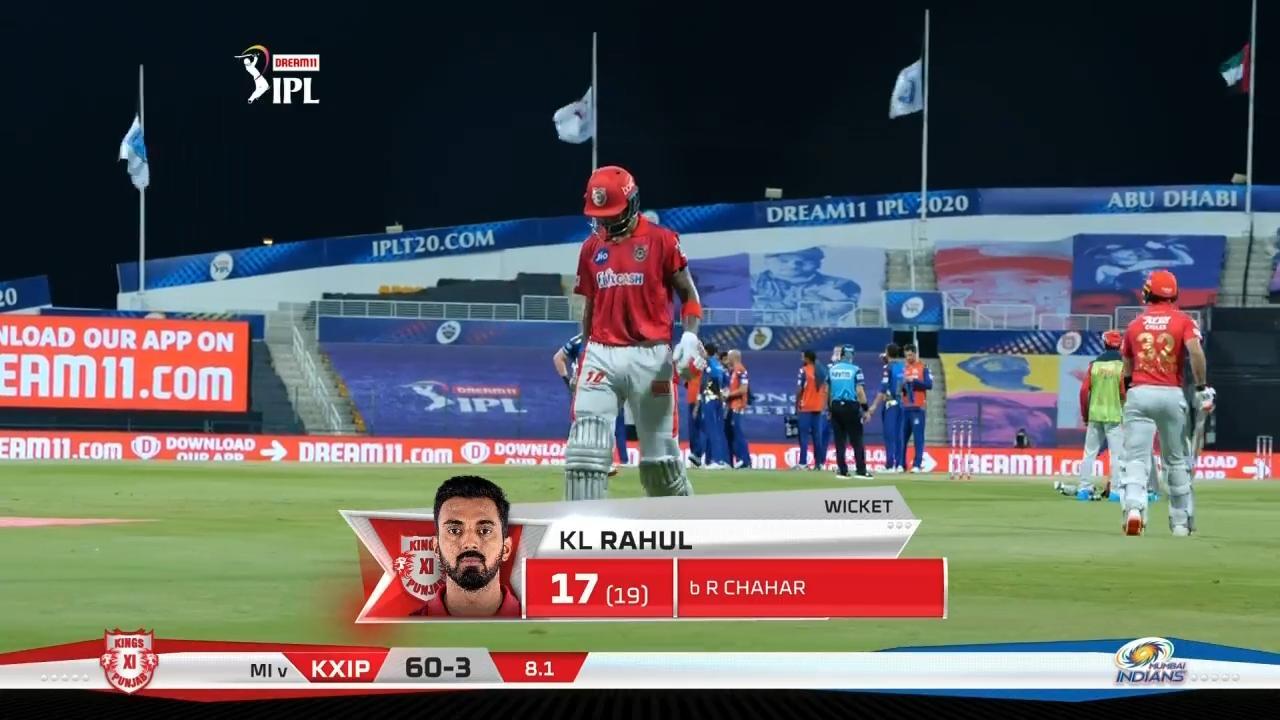 M13: KXIP vs MI – KL Rahul Wicket