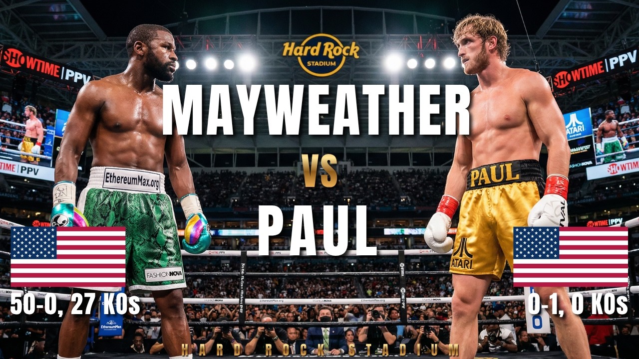 FLOYD MAYWEATHER JR (USA) vs LOGAN PAUL (USA) Fight | WORLDS COLLIDE background
