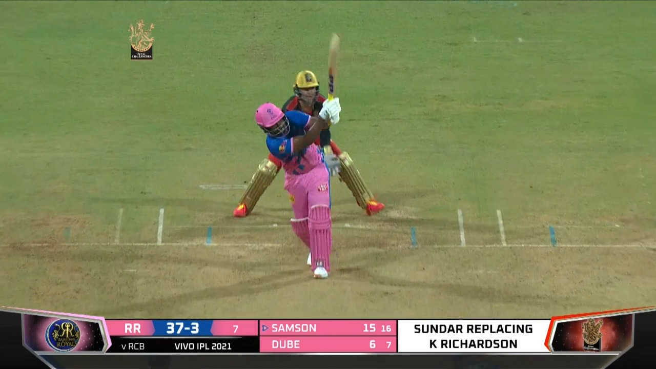 M16: RCB vs RR – Sanju Samson Six background