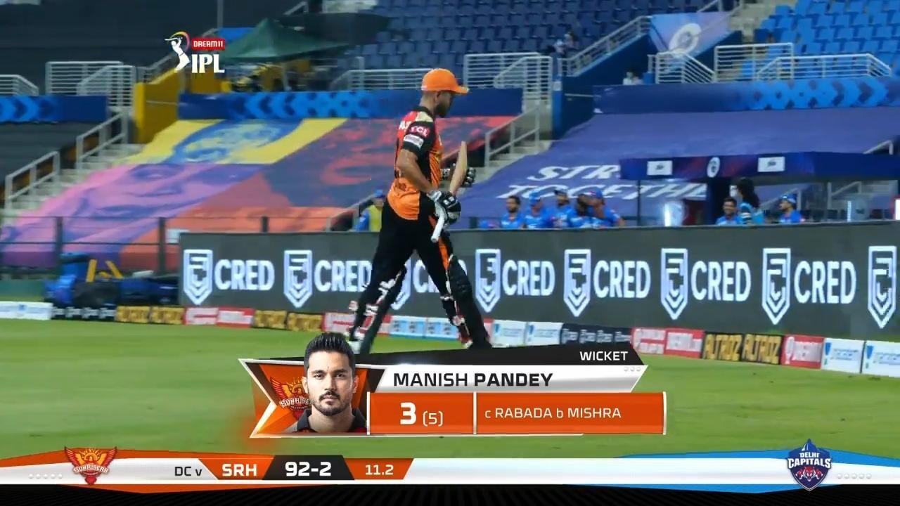 M11: DC vs SRH – Manish Pandey Wicket