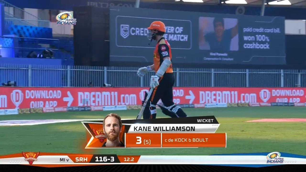 M17: MI vs SRH – Kane Williamson Wicket