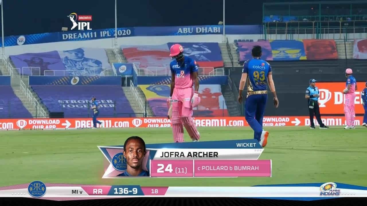 M20: MI vs RR – Jofra Archer Wicket background