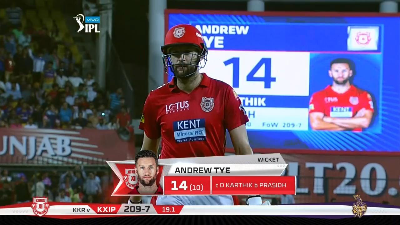 M44: KXIP vs KKR – Andrew Tye Wicket