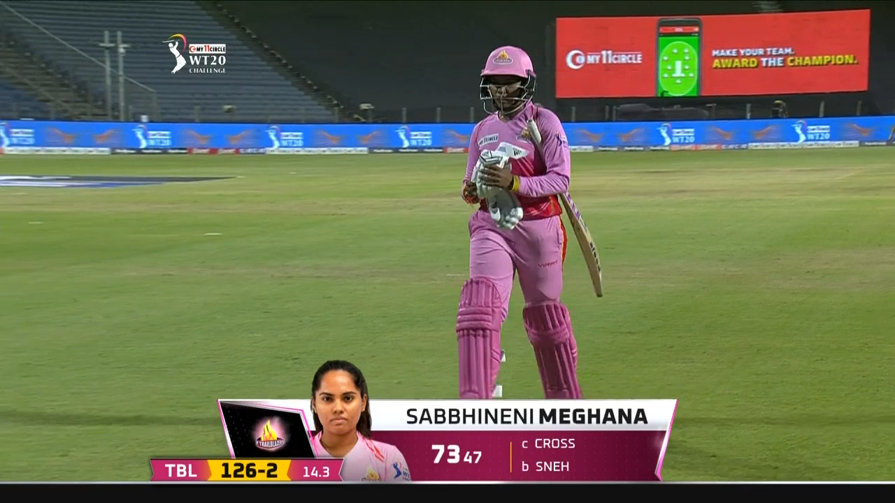 M03: Velocity vs Trailblazers – S. Meghana Wicket background