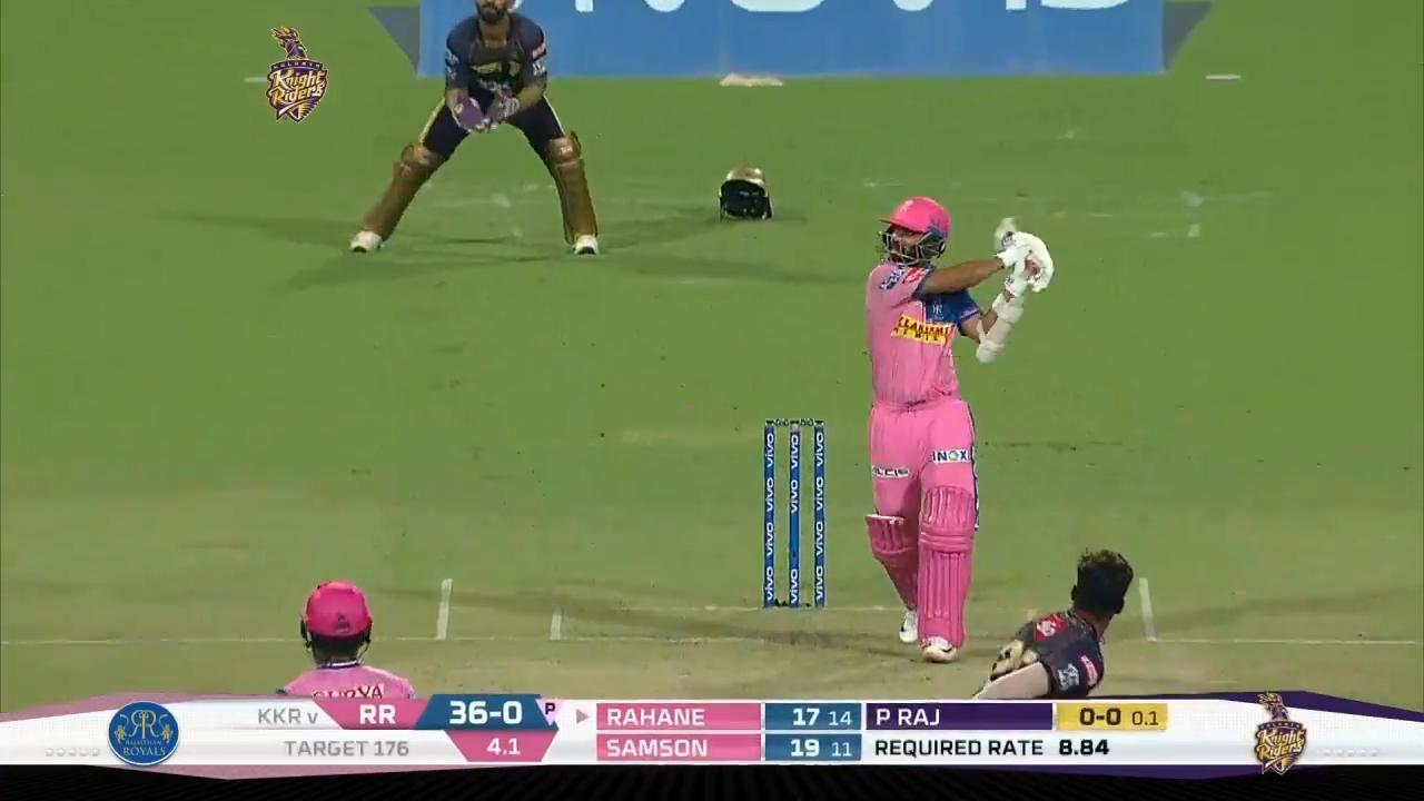 M43: KKR vs RR – Ajinkya Rahane Six background