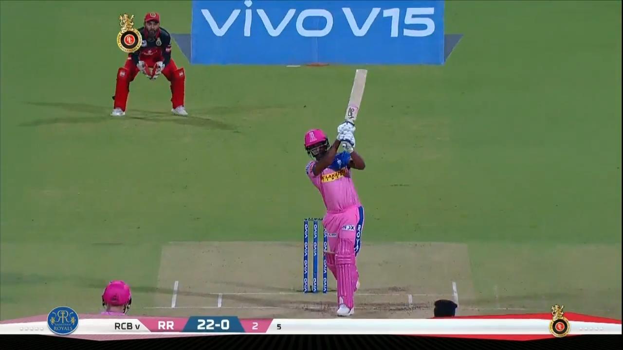 M49: RCB vs RR – Sanju Samson Six background