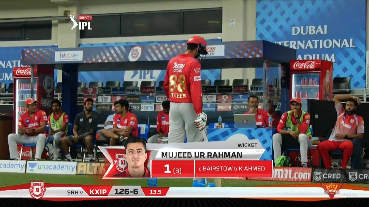 M22: SRH vs KXIP – Mujeeb Ur Rahman Wicket