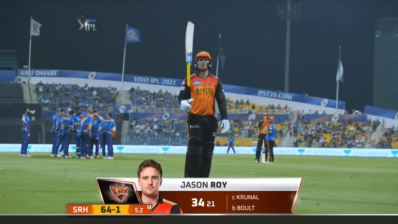 M55: SRH vs MI – Jason Roy Wicket
