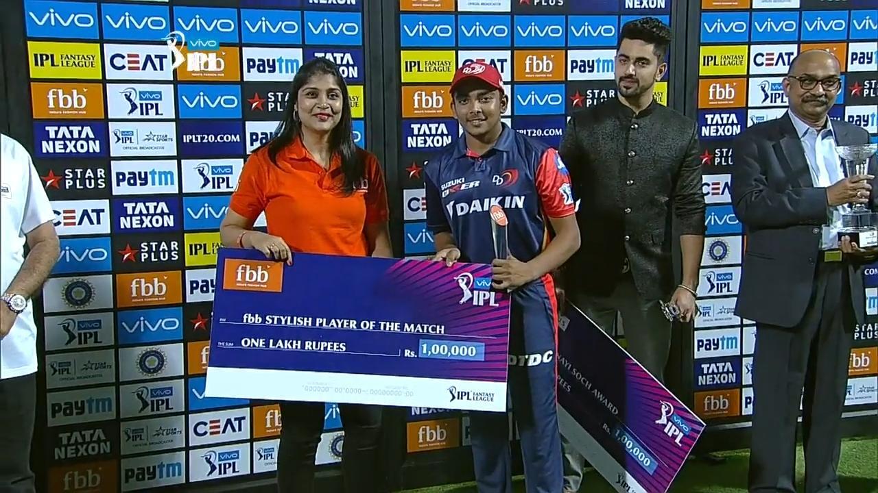 M26: DD vs KKR – fbb Stylish player of the match – Prithvi Shaw