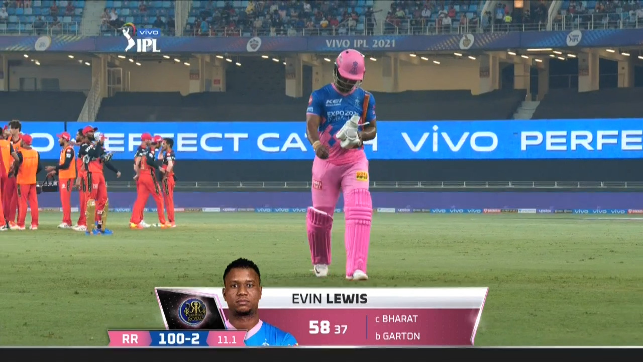 M43: RR vs RCB – Evin Lewis Wicket background
