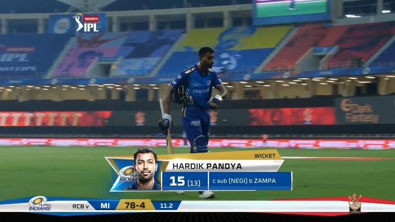 M10: RCB vs MI – Hardik Pandya Wicket