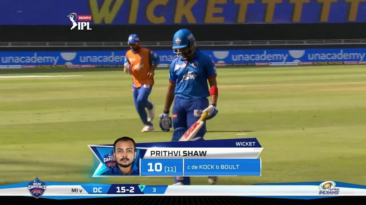 M51: DC vs MI – Prithvi Shaw Wicket